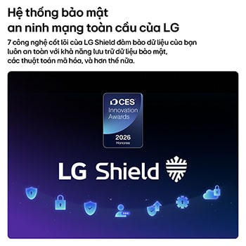 LG Shield, applied to LG NANO 4K UHD AI NU80, is shown with an LG Shield logo at the center, security icons below, and a 2026 CES Innovation Awards Honoree badge above, representing data and system protection.